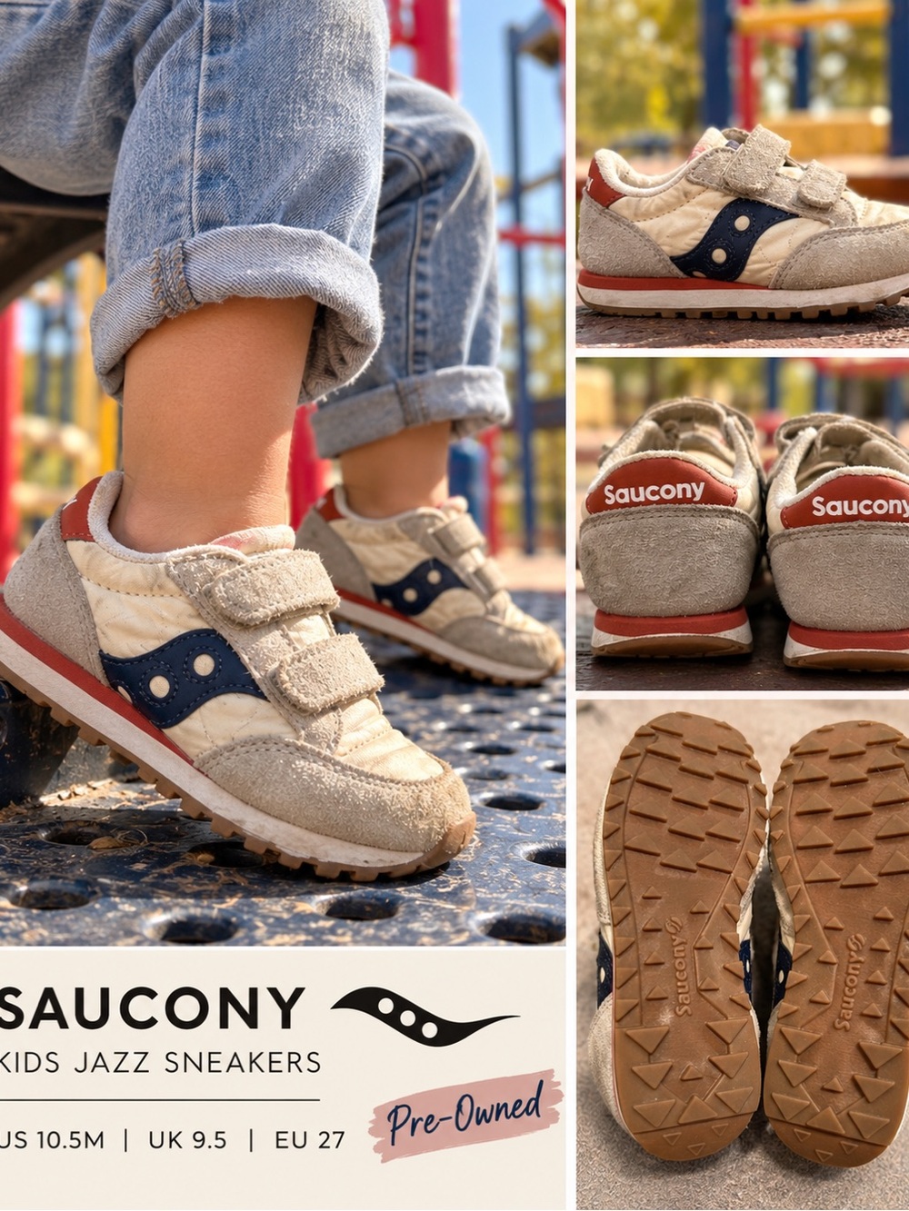 Saucony Kids Sneakers in Beige, Navy & Brown Velcro Trainers toddler size 10.5M